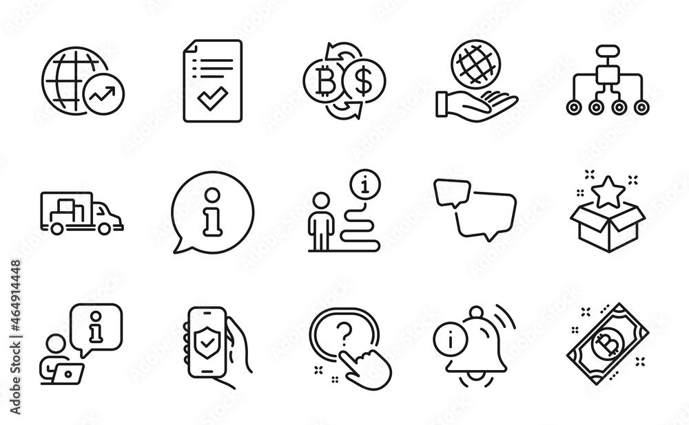 Technology icons set. Included icon as World statistics, Truck transport, Bitcoin signs. Approved checklist, Speech bubble, Bitcoin exchange symbols. Loyalty program, Information bell. Vector