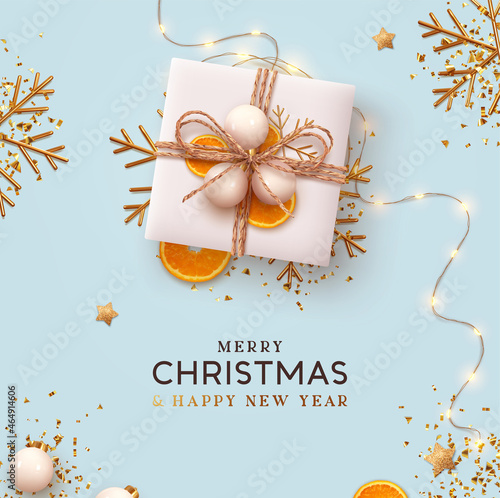 Merry Christmas and Happy New Year. Festive Xmas design realistic gift box, decorative objects. flat lay top view. Blue Christmas poster, holiday banner, flyer, stylish brochure, greeting card