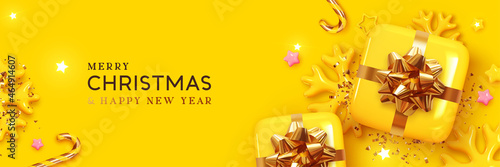 Christmas banner. Xmas Background with realistic design gifts box, golden 3d render snowflake and glitter gold confetti, Bright stars. Horizontal christmas poster, greeting card, headers for website