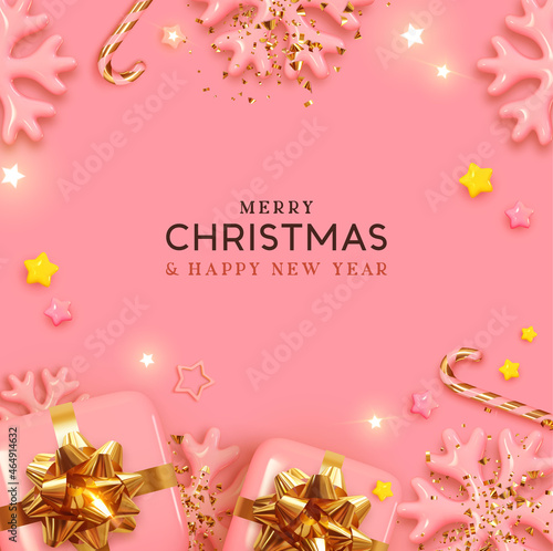 Merry Christmas and Happy New Year. Festive Xmas design realistic gifts box, decorative objects. flat lay top view. Pink Christmas poster, holiday banner, flyer, stylish brochure, greeting card