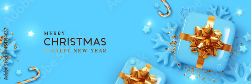 Christmas banner. Xmas Background with realistic design gifts box, golden 3d render snowflake and glitter gold confetti, Bright stars. Horizontal christmas poster, greeting card, headers for website