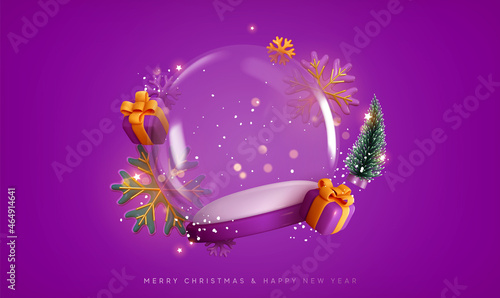 Christmas snow glass winter ball. Template round podium studio space for objects festive design. Realistic 3d elements, gift box, gold snowflake, Xmas green tree, bokeh lights. Vector illustration