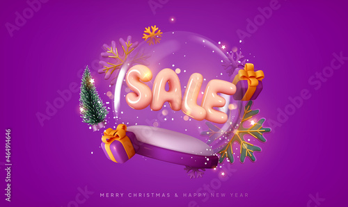 Christmas snow glass winter ball. Happy new year and Merry Christmas festive design. Sale text letter. Realistic 3d element, gift box, gold snowflake, Xmas green tree, bokeh light. Vector illustration