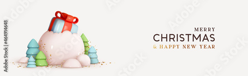 Christmas Horizontal banner, web poster, headers for website. Realistic 3d design, gift box inside snow globe. Golden confetti, New year trees. Holiday background. Vector illustration