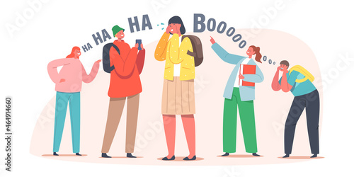 Teenagers Characters Bullying Girl, Aggression or Conflict, Stress. Schoolgirl Crying, Aggressive Classmates Violence
