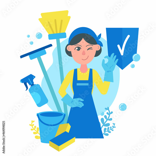 Cleaning service concept, girl in apron and rubber gloves, shows The OK or ring gesture. Cleaning tools - a mop, a sponge for washing, a bucket of water, a spray bottle, and bubble.  Immigrant worker