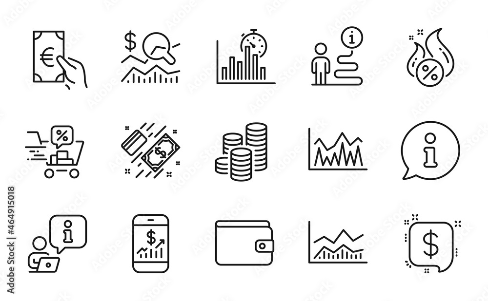 Finance icons set. Included icon as Report timer, Finance, Mobile finance signs. Coins, Payment, Discounts cart symbols. Hot loan, Investment, Trade infochart. Payment message line icons. Vector Finance icons set. Included icon as Report timer, Finance, Mobile finance signs. Coins, Payment, Discounts cart symbols. Hot loan, Investment, Trade infochart. Payment message line icons. Vector