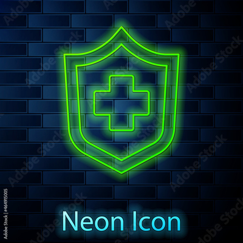 Glowing neon line Health insurance icon isolated on brick wall background. Patient protection. Security, safety, protection, protect concept. Vector.