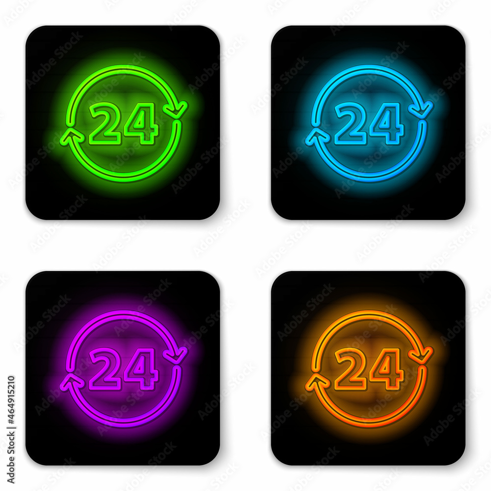 Glowing neon line Clock 24 hours icon isolated on white background. All day cyclic icon. 24 hours service symbol. Black square button. Vector Glowing neon line Clock 24 hours icon isolated on white background. All day cyclic icon. 24 hours service symbol. Black square button. Vector
