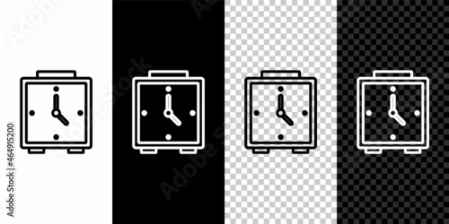 Set line Alarm clock icon isolated on black and white background. Wake up, get up concept. Time sign. Vector