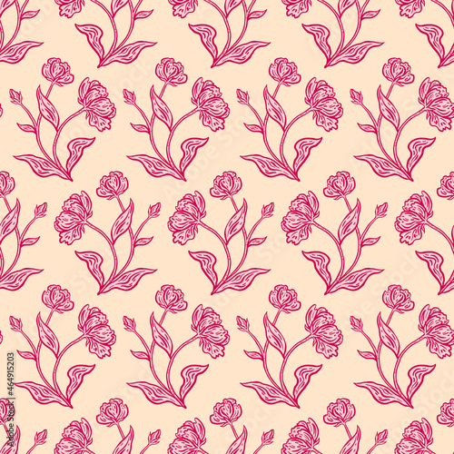 Floral seamless pattern. Beautiful botanical repeat texture with branches, leaves and flowers for print, fabric, textile, wallpaper in soft colors. Hand drawn ink illustration in line art style.