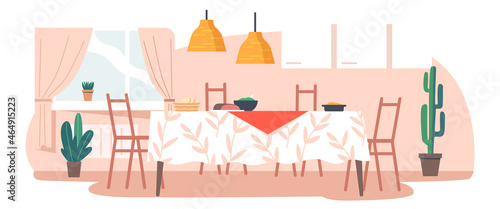 Empty Kitchen Interior With Wooden Table Covered with Tablecloth, Utensils, Food and Chairs Stand around. Home Room