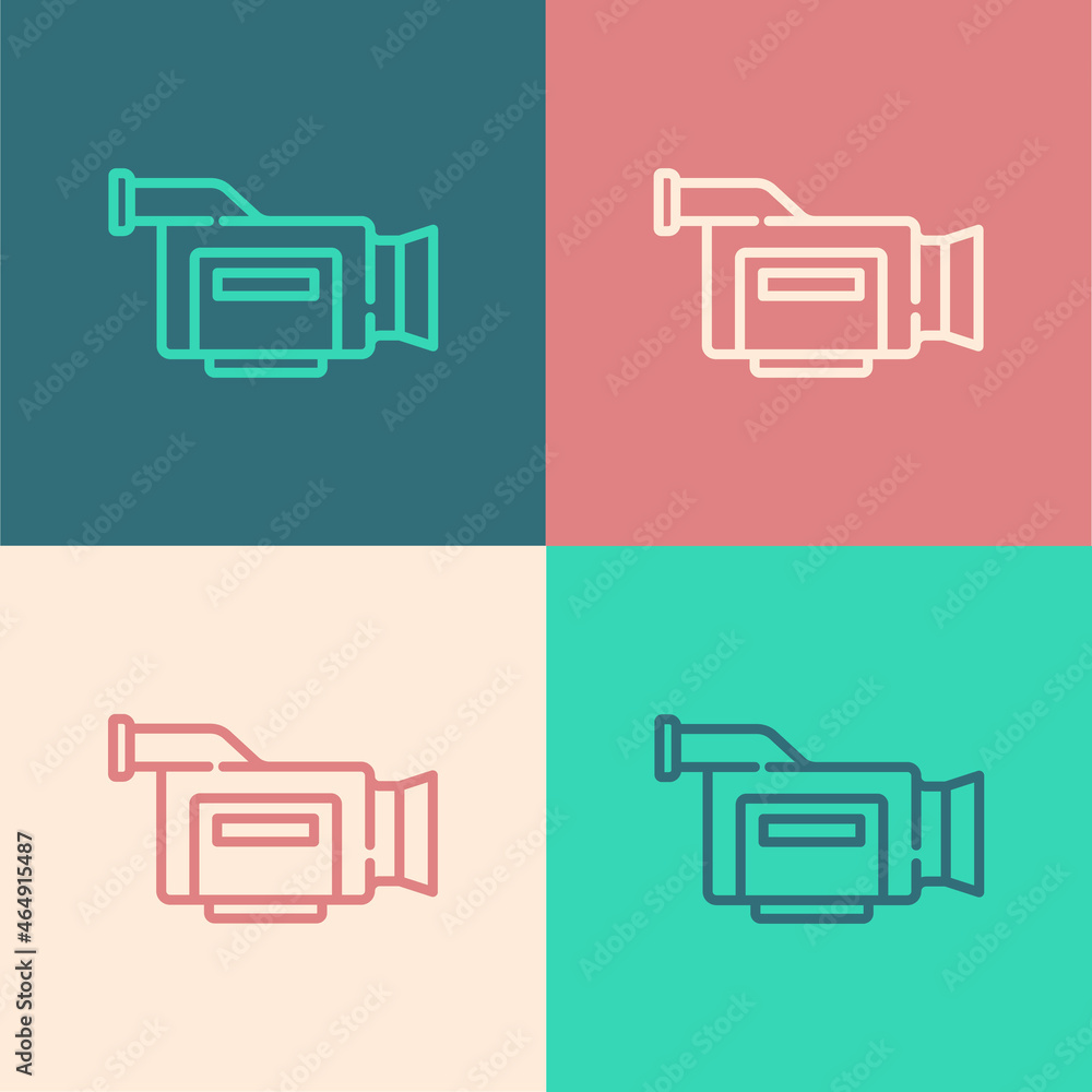 Pop art line Cinema camera icon isolated on color background. Video camera. Movie sign. Film projector. Vector