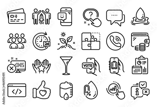 Vector set of Partnership, Martini glass and Smile line icons set. Calendar report, Money wallet and Credit card tag. Grow plant, Graph chart and Reject access icons. Vector