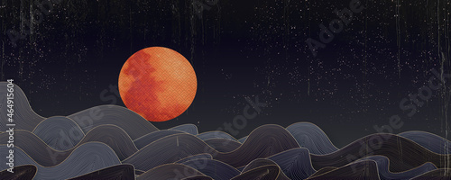 Luxurious black and white art background with night oriental landscape. Golden waves of the sea and ocean at night with moon and stars for home decor, print, banner.