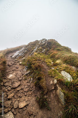 End of summer in the mountains. Bieszczady trails in the fog.