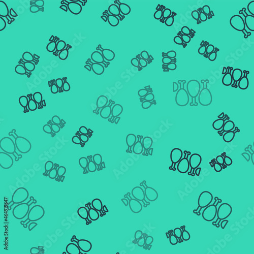 Black line Indian traditional food Tandoori chicken icon isolated seamless pattern on green background. Vector