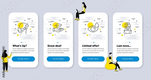 Set of Healthcare icons, such as Eye drops, Medical mask, Leaf icons. UI phone app screens with people. Nurse line symbols. Check vision, Face respirator, Plant care. Medical mask. Vector