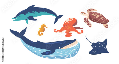 Set Sea Animals Octopus, Ocean Slope or Crab and Turtle with Dolphin, Whale and Sea Horse Isolated on White Background