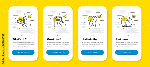 Vector set of Patient history, Thermometer and Dental insurance line icons set. UI phone app screens with line icons. Social distance icon. Medical survey, Covid temperature, Oral medicine. Vector
