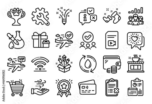 Vector set of Customisation, Video file and Chemistry experiment line icons set. Calendar report, Money wallet and Credit card tag. Winner cup, Shopping cart and Approved group icons. Vector