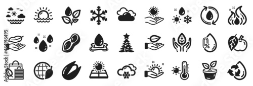 Set of Nature icons  such as Sunny weather  Sun energy  Cloudy weather icons. Refill water  Plants watering  Environment day signs. Leaf  Fair trade  Apple. Leaves  Lightweight  Peanut. Vector