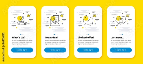 Vector set of Smile, Approved and Transport insurance line icons set. UI phone app screens with line icons. Gift dream icon. Positive mail, Chat message, Full coverage. Receive a gift. Vector