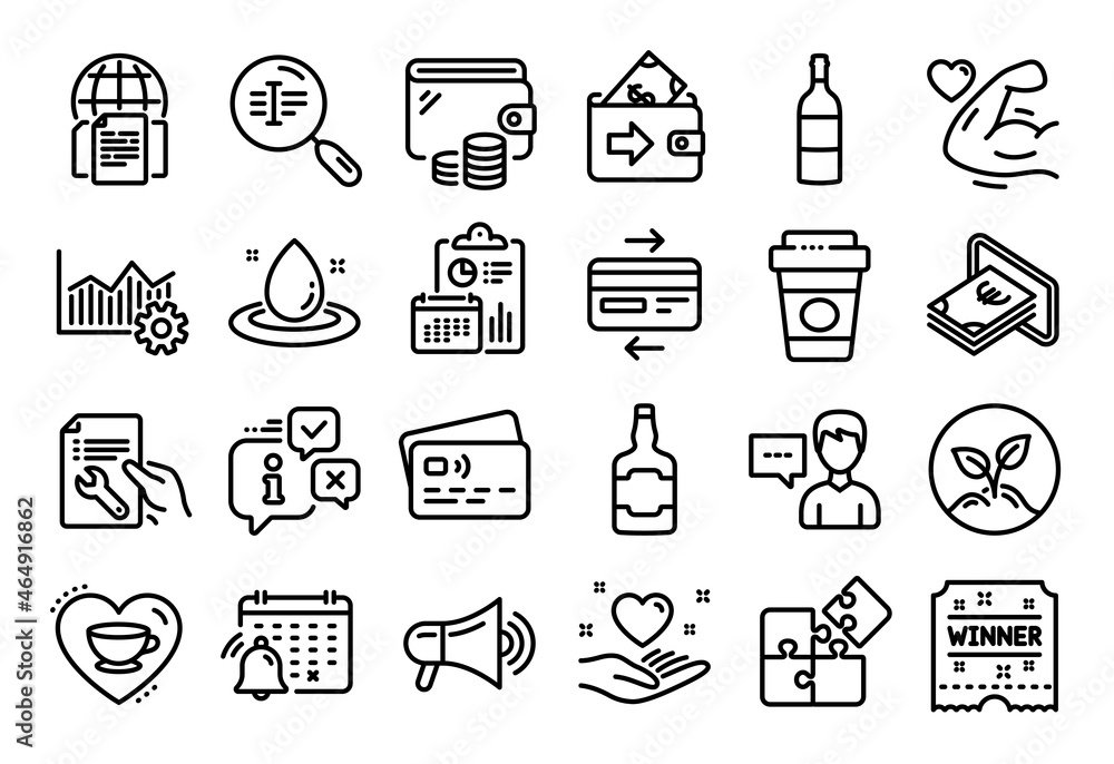 Vector set of Person talk, Love coffee and Wine bottle line icons set. Calendar report, Money wallet and Credit card tag. Hold heart, Fuel energy and Puzzle icons. Vector Vector set of Person talk, Love coffee and Wine bottle line icons set. Calendar report, Money wallet and Credit card tag. Hold heart, Fuel energy and Puzzle icons. Vector