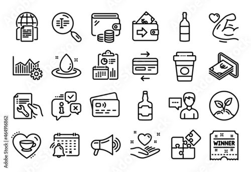Vector set of Person talk, Love coffee and Wine bottle line icons set. Calendar report, Money wallet and Credit card tag. Hold heart, Fuel energy and Puzzle icons. Vector