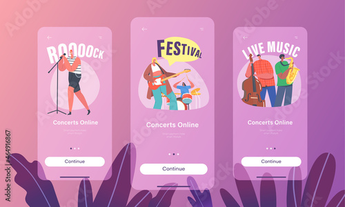 Online Concerts Mobile App Page Onboard Screen Template. Music Band on Stage. Performing Rock Concert on Scene