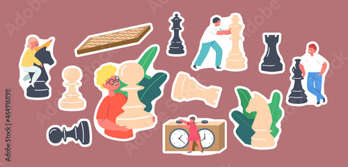 Set of Stickers Kids Playing Chess in Club, Little Children with Huge Figures on Chessboard Logic Activities and Game
