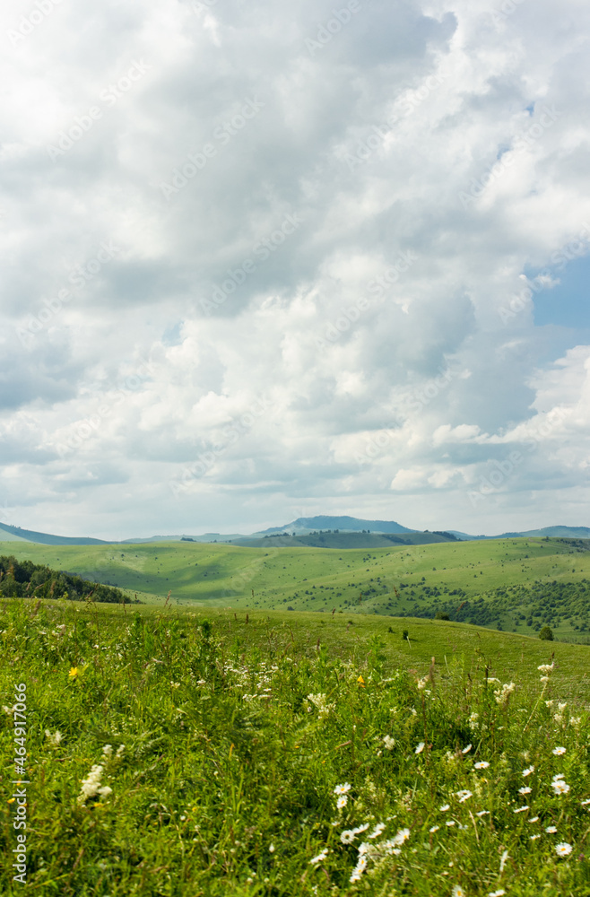 Altay view point of mountains, lake, green meadow, Russian nature Altay view point of mountains, lake, green meadow, Russian nature