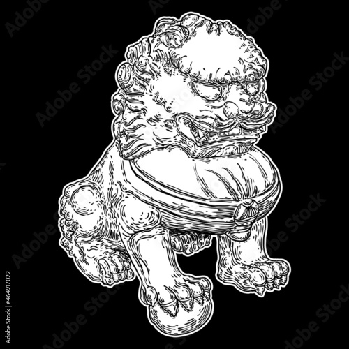 Chinese Imperial lion statue made of marble, traditional stone carving sculpture of China, the symbol of protection and power. Antique lion carving. Symbolic elements at the entrances. Vector. photo