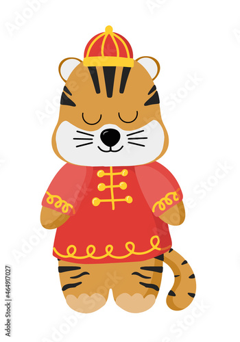 The symbol of the new year 2022  the Chinese Tiger. Vector illustration of a cartoon tiger. A small predatory animal for design. Flat style. Isolated design on a white background.