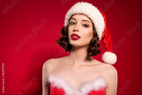 Photo of tender lady wear make up red lipstick face isolated on gradient maroon dark color background