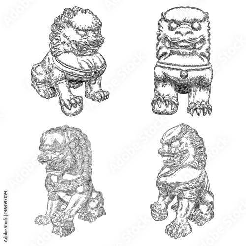 Set of drawing of traditional Chinese lions on a white background. Oriental Asian lion temple guard. Traditional ancient stone statue lion guardian. Lions are traditionally carved from stone. Vector.
