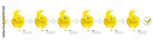 Trade Infographic timeline with 6 steps. Quotes bookmarks journey infographics. Shopping process diagram with Discounts calendar, Shop, Payment and Shopper with purchases line icons. Vector