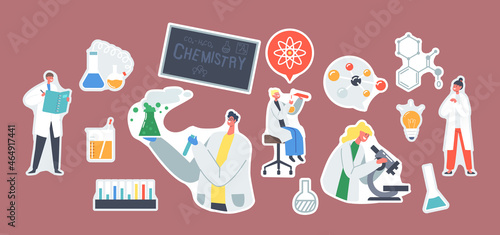 Set of Stickers Chemistry Experiment. Schoolkids with Microscope, Notebook and Test Tube, Teacher Holding Beaker