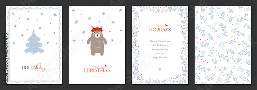 Holiday cards with Christmas Tree, bear, birds, backgrounds, ornate floral frames and copy space. Universal modern artistic templates.
