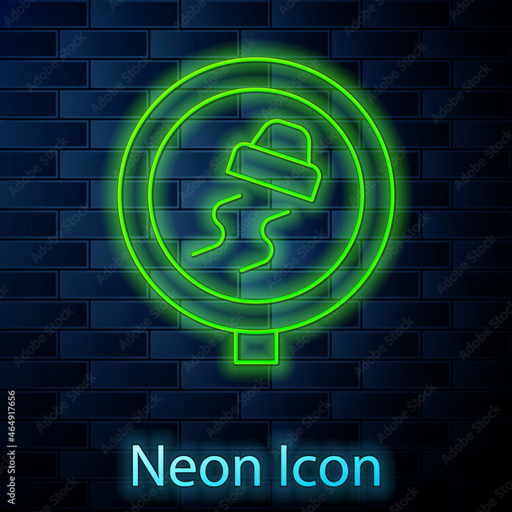 Glowing neon line Slippery road traffic warning icon isolated on brick wall background. Traffic rules and safe driving. Vector Glowing neon line Slippery road traffic warning icon isolated on brick wall background. Traffic rules and safe driving. Vector