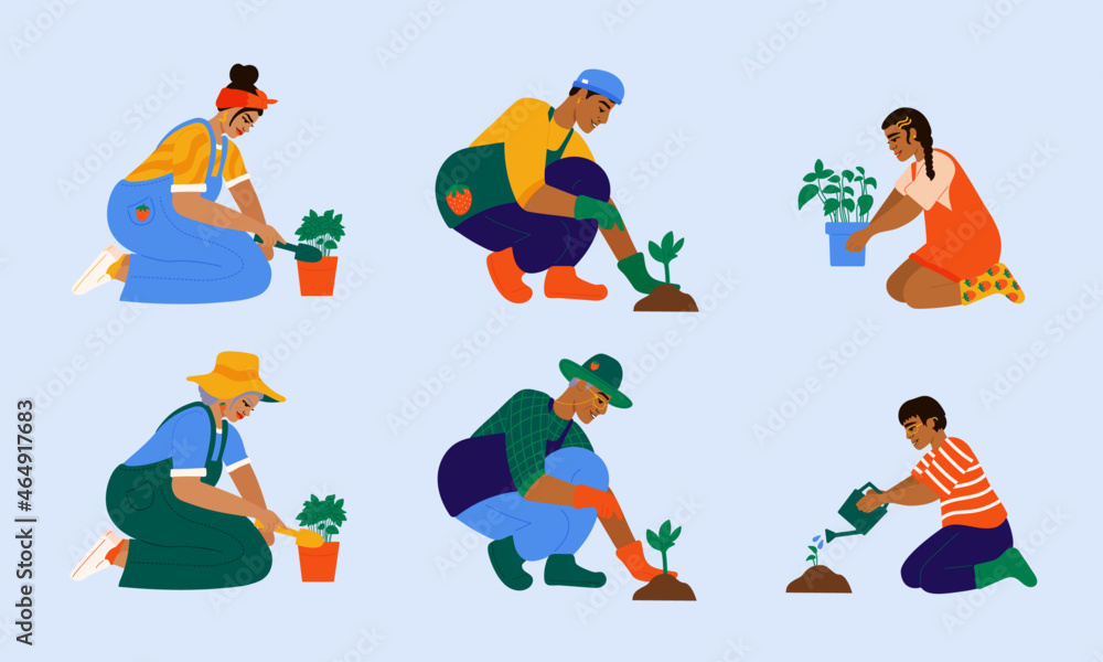 Illustration of gardening family set with plants