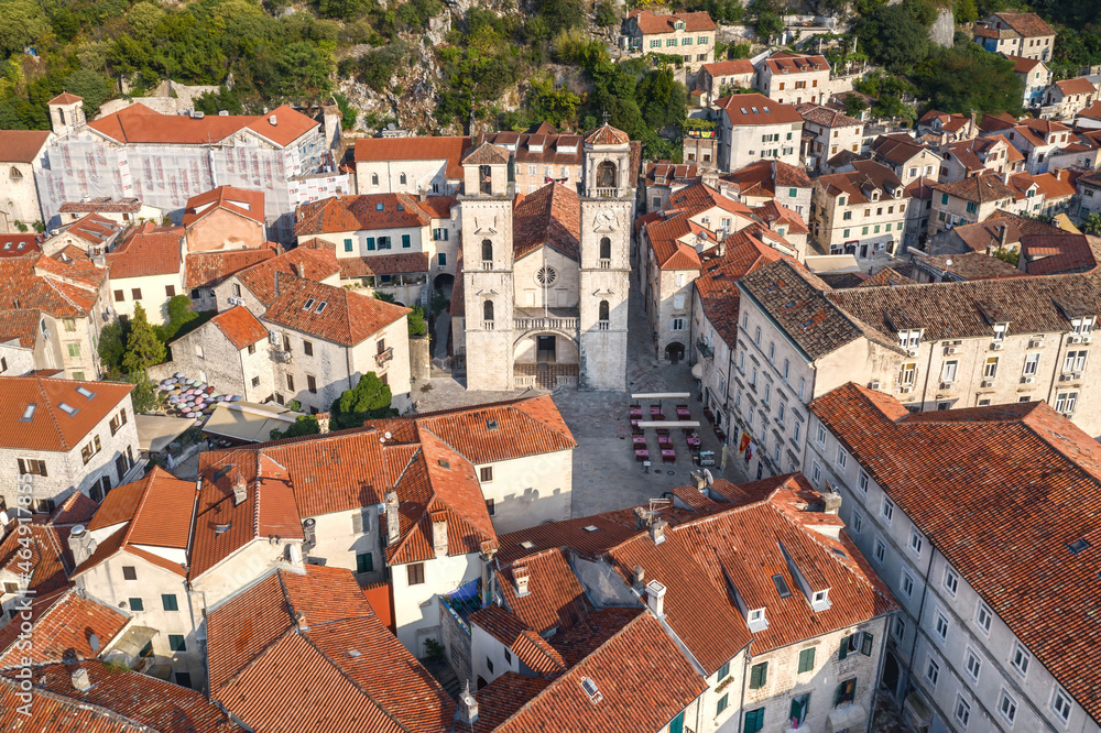 Kotor. The old town of Kotor from above. Cathedral of St. Tryphon. Shooting from a drone. Montenegro