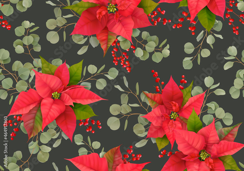 Fototapeta Naklejka Na Ścianę i Meble -  Poinsettia Christmas Realistic seamless pattern with Winter Mistletoe, Rowan Berries branches, eucalyptus