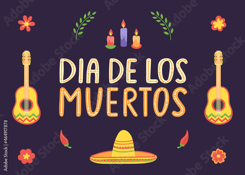Day of the Dead mexican background. Dia de los Muertos hand lettering with guitars, sombrero card. Death pattern. Mexico culture holiday poster. Cinco de Mayo. Embroidery banner. Vector illustration