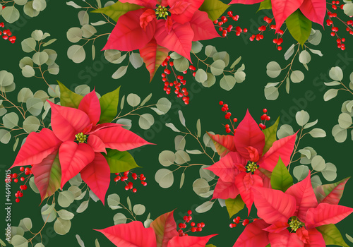 Poinsettia Christmas Realistic seamless pattern with Winter Mistletoe, Rowan Berries branches, eucalyptus