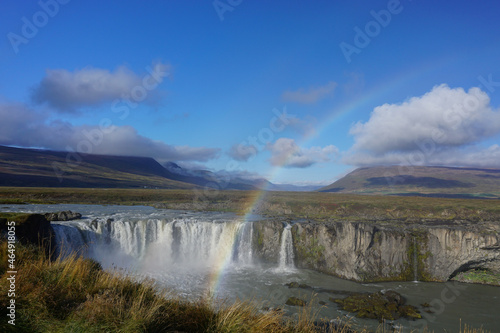 Northeastern Region, Iceland: A rainbow over Godafoss, the Waterfall of the Gods, on the Skjalfandafljot River.