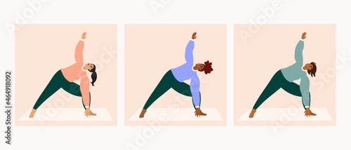 Illustration set of diverse women wearing cozy clothes doing yoga pose