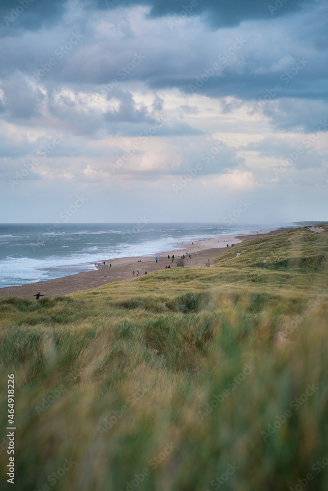People taking a walk on the beach of Vejlby Klit in Denmark, northern Europe
