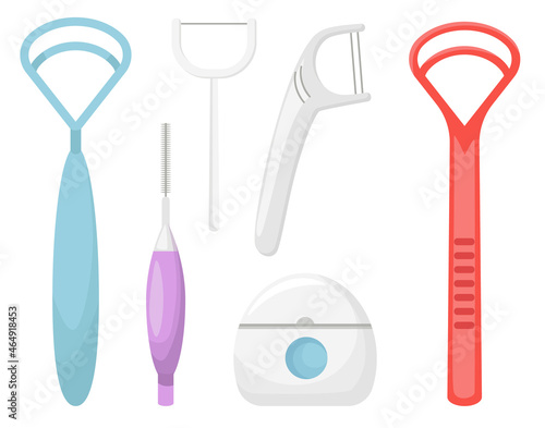 Set of Dental Care Icons  Oral Hygiene Individual Tools  Equipment for Teeth Cleaning. Dental Floss and Tongue Scrapers