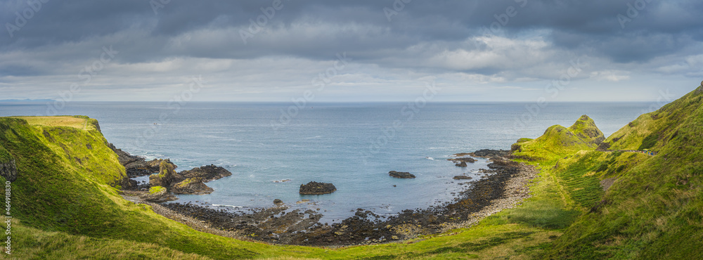 Panoramic view on Giants Causeway, seen from the top of the cliff, part of Wild Atlantic Way and UNESCO world heritage, located in Northern Ireland